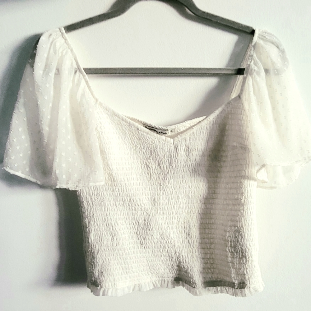 Abercrombie Smocked Flutter Sleeve Top in White